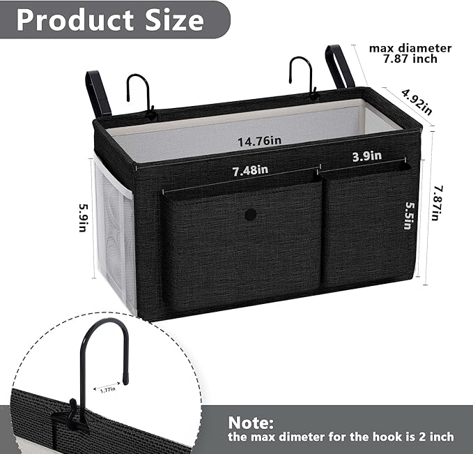 Bedside Caddy Bedside Organizer with Fixed Straps & Water Bottle Holder, Bunk Bed Caddy ideal for Home, Dorm, Hospital, Crib, Versatile Bedside Storage Solution (Black)