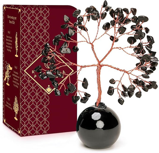Crystal Tree of Life Birthday Gifts for Women, Mom Black Obsidian Healing Crystals Tree for 7 Chakra Balance, Reiki Healing, Positive Energy, Good Luck, Money, Meditation, Home and Office Desk Decor