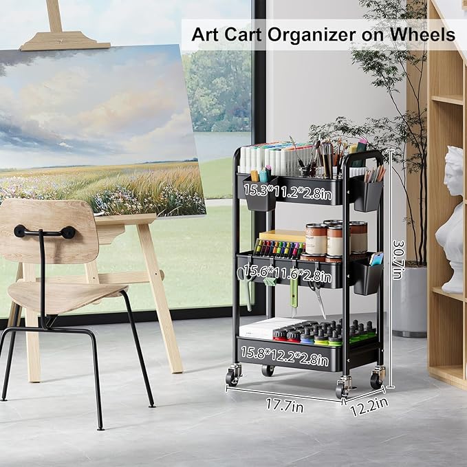 3 Tier Rolling Cart with Lockable Wheels, Metal Diaper Caddy Cart Organizer for Baby Essentials, Black Storage Utility Cart for Craft, Snack, Rolling Carts with Wheels for Lash Techs, Art, Bathroom