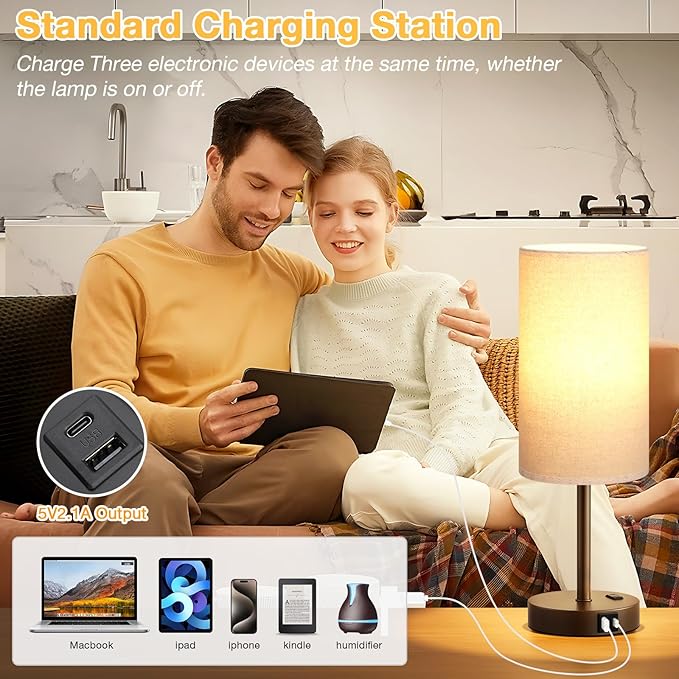 Touch Bedside Table Lamp with USB - 3 Way Dimmable Brown Lamp for Bedroom Nightstand, Desk Lamp with Charging Station for Dorm, Office, Kids Room, Living Room
