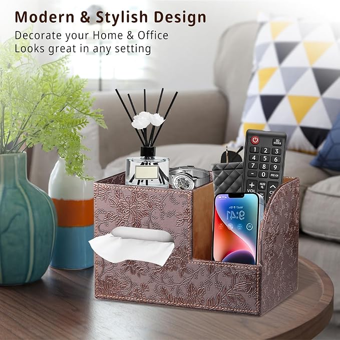 Leather Square Tissue Box Cover with Storage Tray,Cube Tissue Box Holder,Modern Facial Paper Organizer with Remote Control Holder for Bathroom,Vanity Countertop,End Table NightStand Home Office