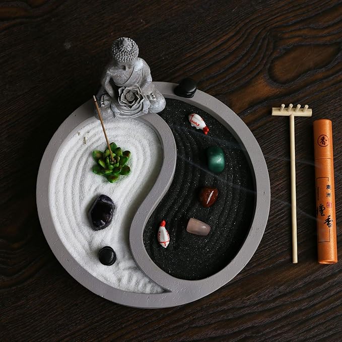 Mini Zen Garden Kit for-Desk - Yin Yang Crystal Sand Rock Garden with Zen Rake Buddha Statue Healing Stones White Sand, Japanese Meditation Gift Set for Home Office Desktop Fidget Toys