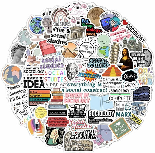 BulbaCraft 100Pcs Social Studies Stickers for Water Bottle and Laptop - Social Studies Party Favors & Decorations, Waterproof Vinyl Decals, History and Culture Stickers, Gifts for Women & Men