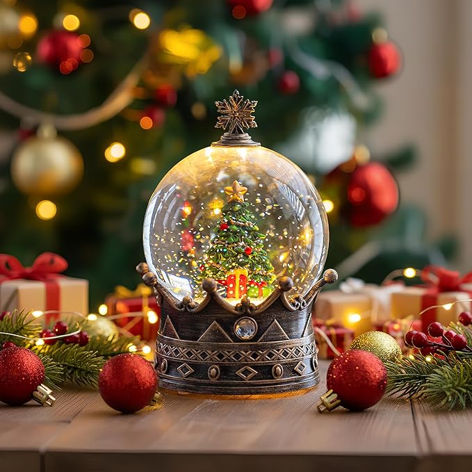 Snow Globe Lighted Christmas Decorations, Christmas Tree Musical Crown Snow Globe with Swirling Glitter, Christmas Holiday Party Gifts and Decorations
