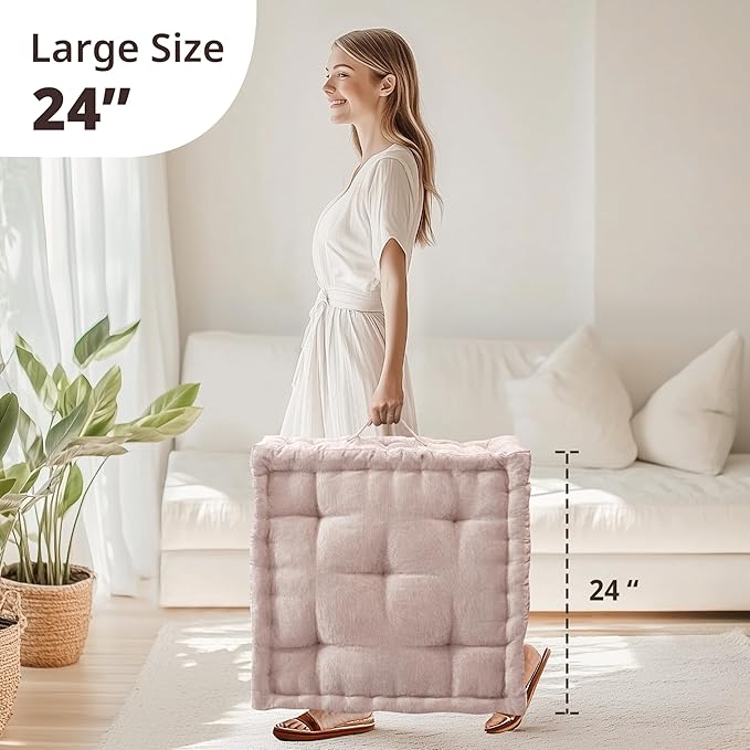 Intelligent Design Large Floor Pillow for Adults Yoga or Meditation Cushion with Handle, Floor Cushion for Board Games, Lustrous Chenille Tufted, Handsewn Scalloped Edge, Azza, 24" x 24" x 5" Blush