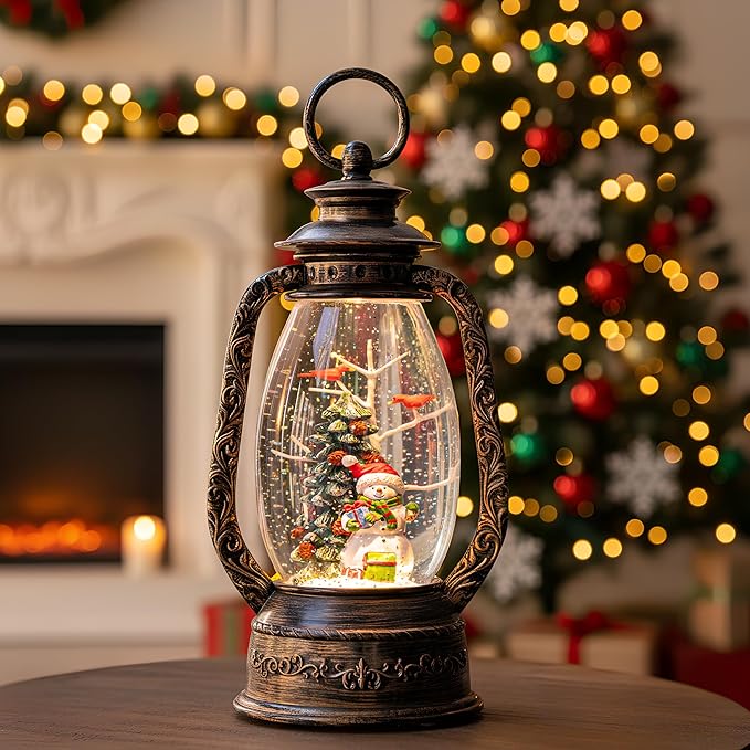 12'' Christmas Musical Snow Globe Lantern Spinning Water Glittering Snowman with Holiday Tree Scene, Battery & USB Powered Light for Home Decoration