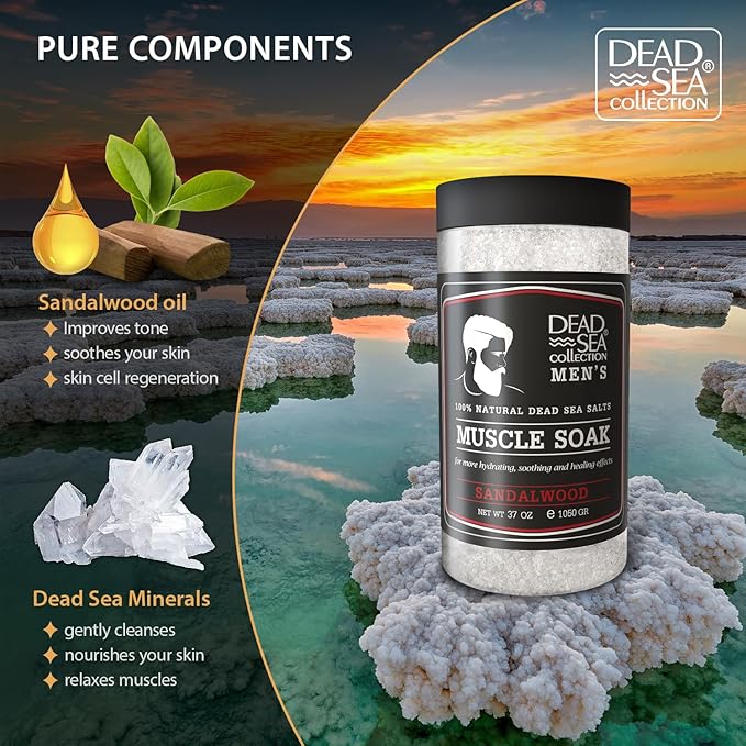 Dead Sea Collection Bath Salts for Men with Sandalwood Oil - Muscle Recovery Bath Soak – Mens Pure Dead Sea Salt for Soothing and Relaxing - 37 Oz