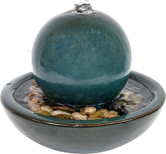 Sunnydaze Tabletop Ceramic Tabletop Fountain with Orb - Relaxing Indoor Fountain for Meditation - for Office, Bedroom, or Living Room - Teal