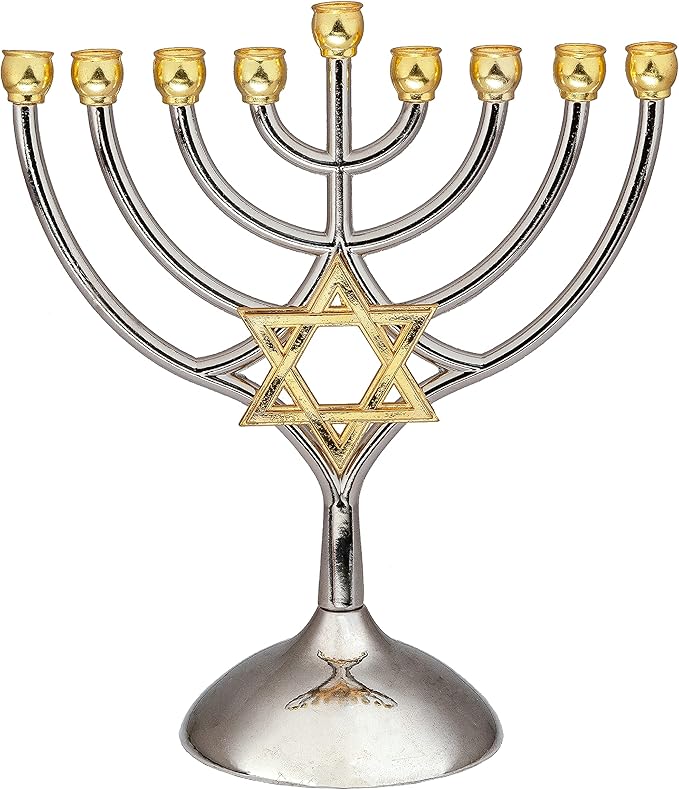 9 Branch Metal Menorah with Magen David: Modern, Elegant Jewish Hanukkah Replica Candelabra Candleholder Stand, 2-Toned Silver Gold Star Design