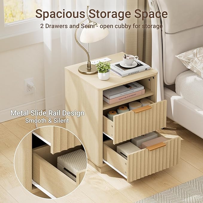 Fluted Nightstand with Charging Station, 18" Modern Farmhouse Night Stand, 2 Drawers End Table with Storage, Bedside Table for Bedroom Sofa Home Office, Curved Profile Design (Natural Oak)