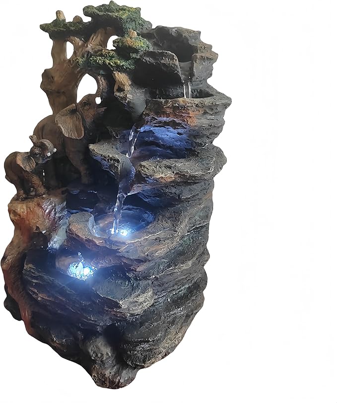 Water Fountain Indoor, Desktop Fountain Waterfall,Elephant Sculpture Layered LED Lighting. Indoor Office and Home Decorations Suitable for Creating a Peaceful Atmosphere.