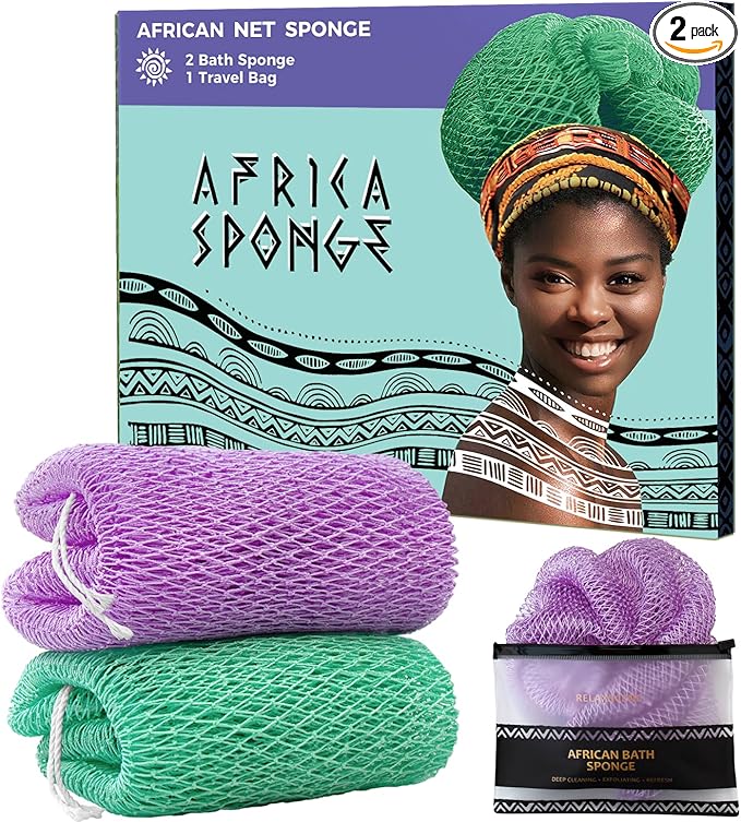 Back Scrubber for Body - 2 Pieces Authentic African Net Sponge with Knots - Exfoliating Washcloth for Afro Scrubber Seawave & Lilac - Shower Exfoliator for Women Self Care Body Loofah Bath Essentials