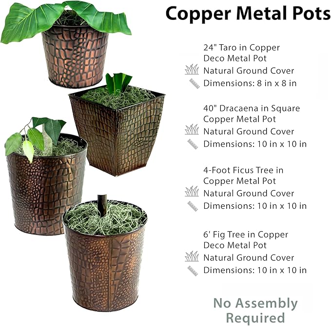 LCG Florals- Set of 4 Ficus Trees in Copper Metal Pots with Real-Wood Trunks - Indoor and Outdoor Faux Plants for Patio, Living Rooms, Offices & Kitchens