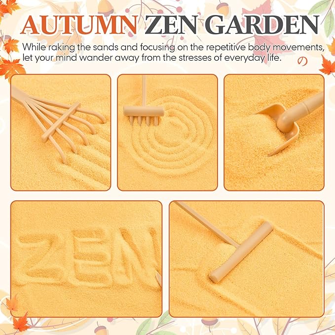 Soulchen Zen Garden Kit for Desk Decor Christmas Sand Zen Garden Gifts Mini Sandbox Set with Black Wooden Tray, Sand, Tools & Accessories Japanese Gifts for Meditation Room Office Home(Fall)