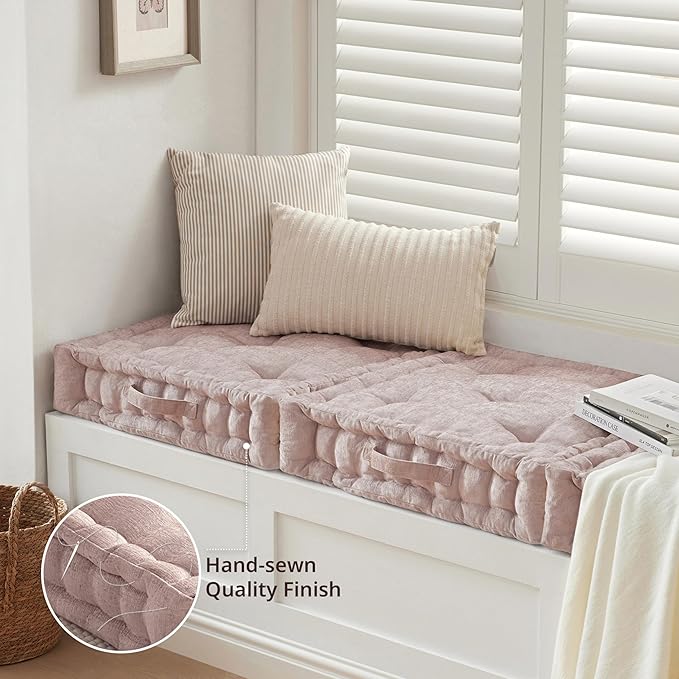 Intelligent Design Large Floor Pillow for Adults Yoga or Meditation Cushion with Handle, Floor Cushion for Board Games, Lustrous Chenille Tufted, Handsewn Scalloped Edge, Azza, 24" x 24" x 5" Blush