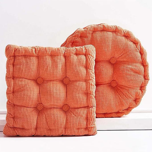 Large Square and Round Floor Cushions for Adults 2 Pack Meditation Floor Pillow Orange Corduroy Floor Seat Pillows Cushion for Living Room Balcony Tatami Yoga,18x18 Inch