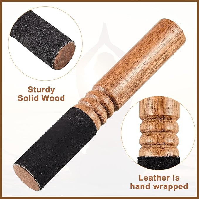 Nuanchu 2 Pieces Tibetan Singing Bowl Mallet Suede Wooden Striker Leather Wrapped Meditation Mallet Sound Bowl Stick Buddha Musical Instruments for Buddhist Meditation Yoga Chime (Black and Brown)