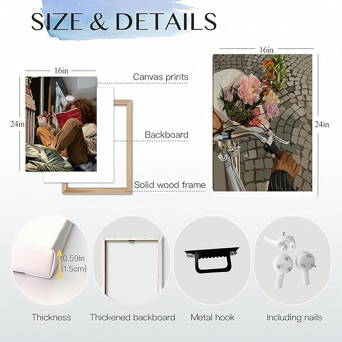 Modern African American Women Wall Art Set of 2,Cozy Reading & Bike Ride with Flowers Painting Canvas Prints,black woman Vintage Aesthetic Poster for Living Room, Bedroom, Office， Framed 16X24in