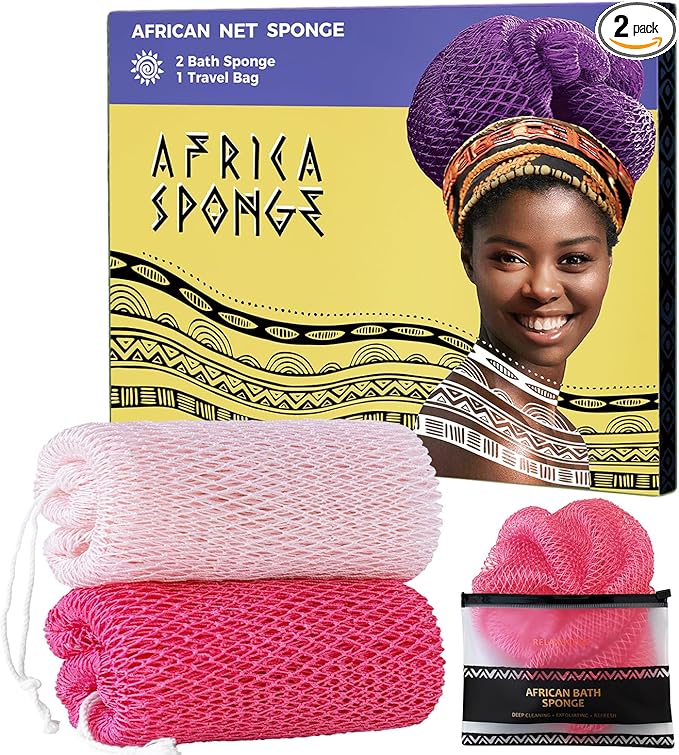 African Net Authentic - 2 Pieces Real African Exfoliating Sponge with Knots - African Net Wash Cloths for Body Scrubber Exfoliator Pink & BabyPink- Back Scrub for Shower Bath Accessories