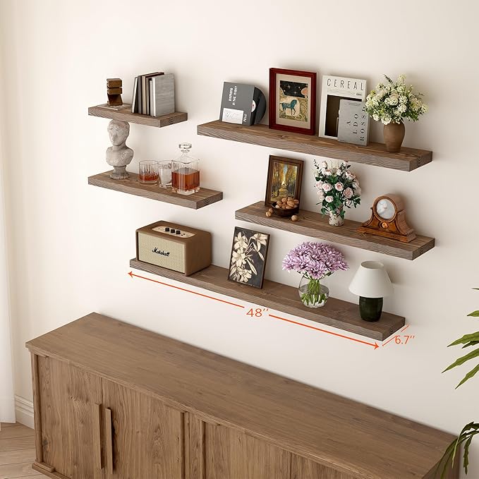 BGMG Floating Shelves for Wall 48 inch Long Set of 2,Wide Rustic Wooden Wall Shelves for Bathroom Living Room Bedroom Kitchen Farmhouse-48x6.7x1.25 inch- Dark Walnut