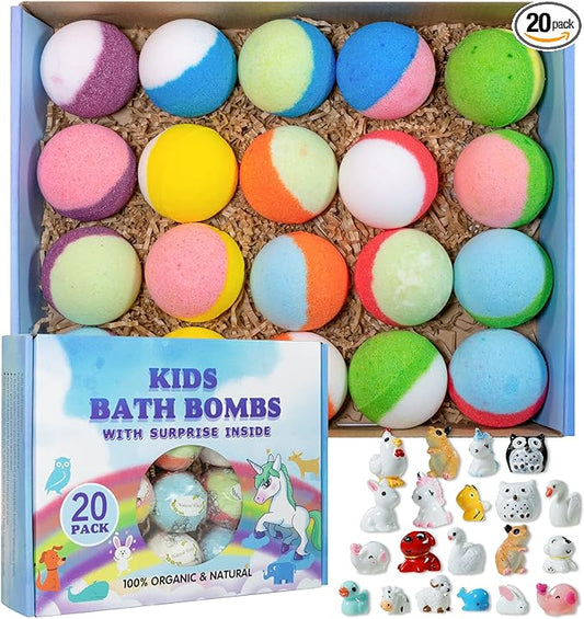 Bath Bomb Gift Set with Toys Inside, 20 Pack Organic Bath Bombs for Kids, Kids Safe Handmade Fizzy Balls for Kid, Ideal Birthday Gift for Boys & Girls