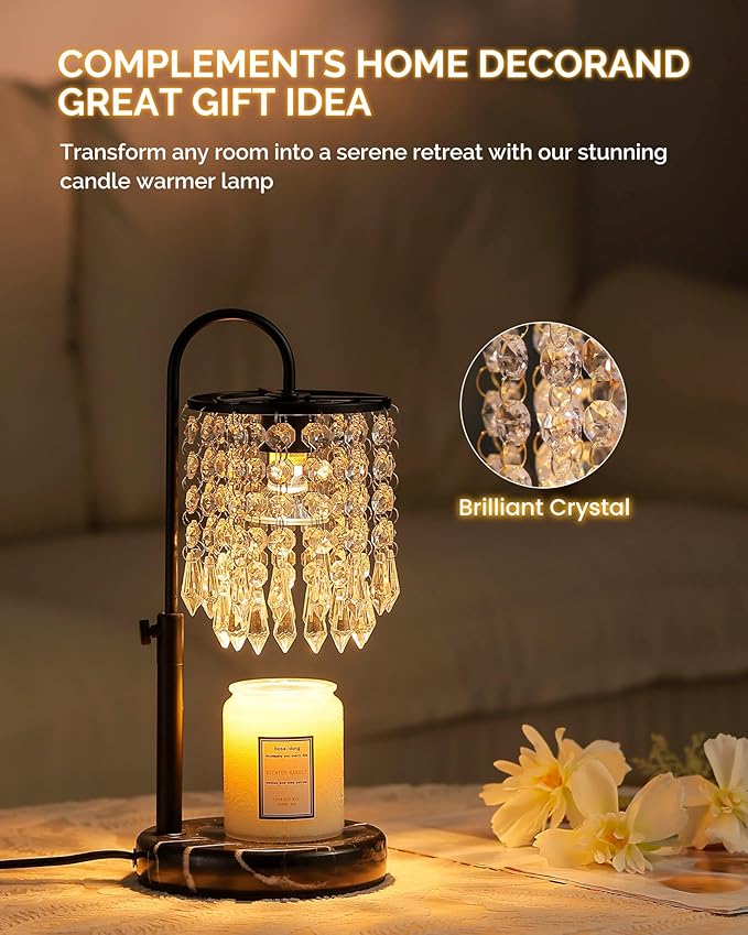 Candle Warmer Lamp with Timer Dimmer and 3 Bulbs, Candle Lamp Warmer with Marble Base for Adjustable Height, Crystal Candle Lamp for Jar Candles, House Warming Gifts Home Room Decor, Black