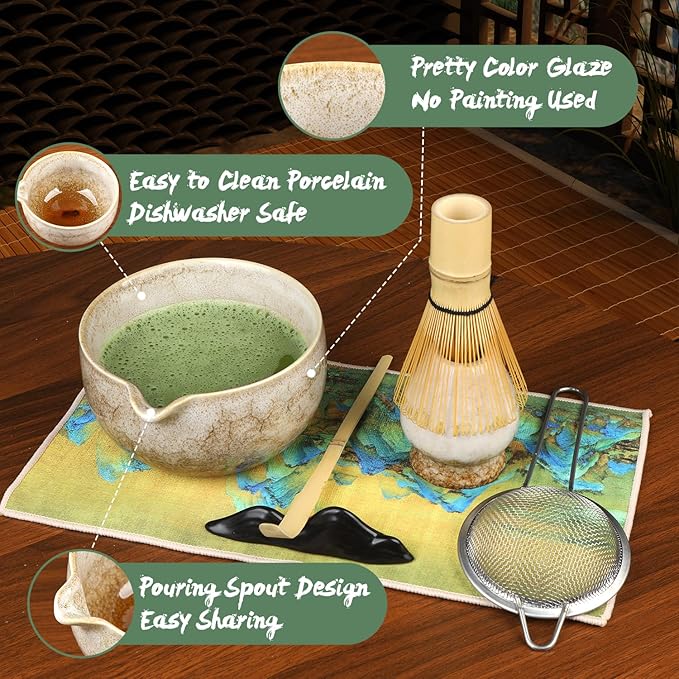 Matcha Whisk Set, 7Pcs Matcha Set Kit include Matcha Bowl, Matcha Whisk and Holder, Bamboo Scoop, Scoop Rest, Sifter and Tea Towel, Matcha Whisk and Bowl Set for Matcha Lovers and Beginers