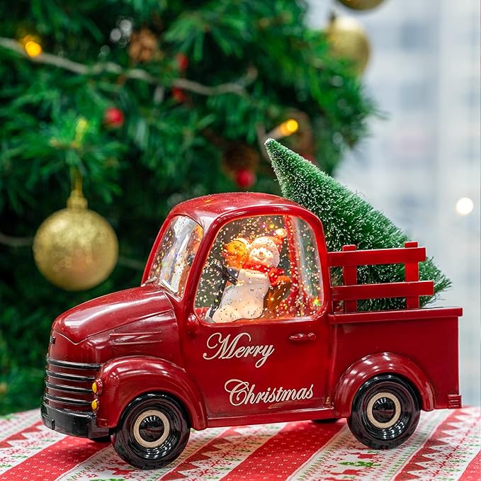 Xindian Musical Red Truck Snow Globe with Swirling Glitter, Snowman & Dog, Carrying Christmas Tree, Spinning Water Lantern for Christmas Decor