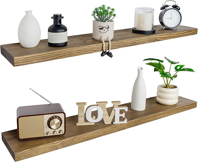 BGMG Floating Shelves for Wall 48 inch Long Set of 2,Wide Rustic Wooden Wall Shelves for Bathroom Living Room Bedroom Kitchen Farmhouse-48x6.7x1.25 inch- Dark Walnut