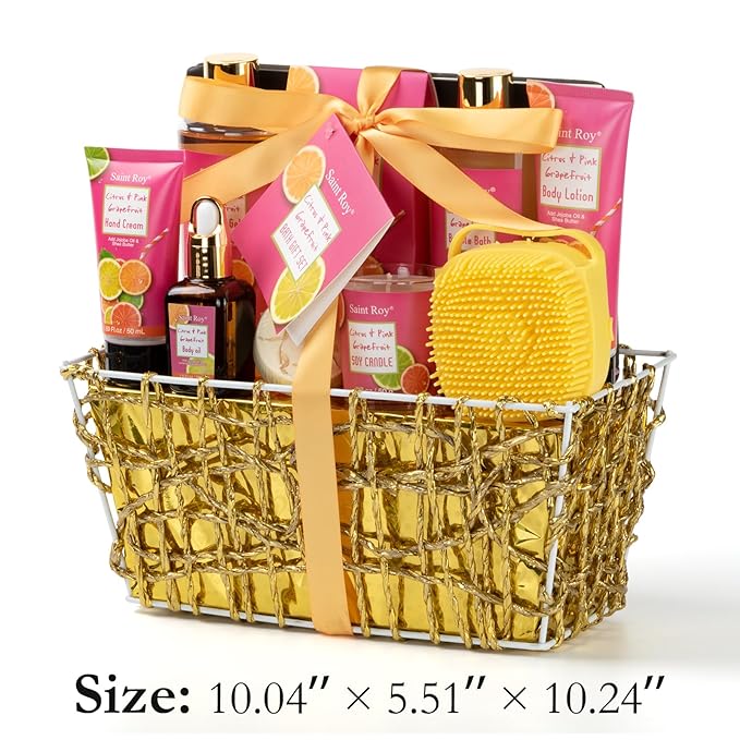 Bath & Body Gift Set, Luxury Christmas Gifts for Women Citrus Pink Grapefruit Spa Kit Gift Woman, 11 Pcs Self Care Kit Gifts With Bubble Bath, Massage Oil, Bath Brush, Birthday Gifts for Women