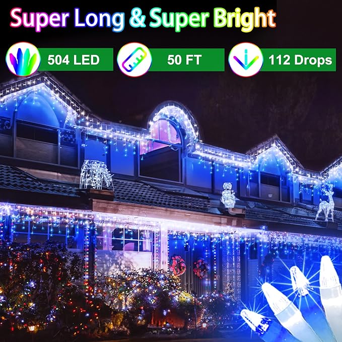 50FT 504 LED Outdoor Christmas Lights - 112 Ice Drops, 12 Pro Modes with Timer Memory & Brightness, Waterproof Hanging Ice String Light for Holiday Wedding Garden Fence House Decor (Blue & White)