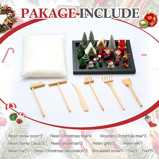 Soulchen Zen Garden Kit for Desk Decor Christmas Sand Zen Garden Gifts Mini Sandbox Set with Black Wooden Tray, Sand, Tools & Accessories Japanese Gifts for Meditation Room Office Home(Christmas)