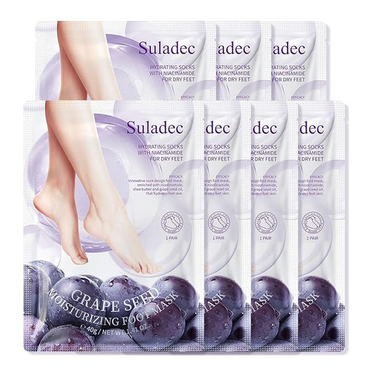 SULADEC Moisturizing Foot Mask with Grape Seed Oil and Shea Butter, Hydrating Foot Masks for Dry Cracked Feet, Dry Skin Moisturizer for Soft and Smooth Touch Feet - Men Women - 7 Pairs