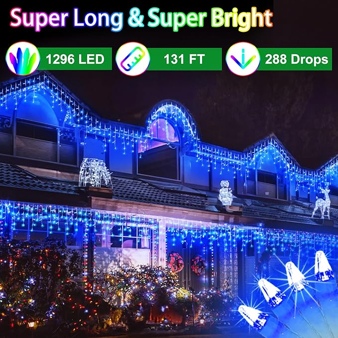 1296 LED 131FT Christmas Lights 288 Drops, Outdoor Hanging lights with 8 Modes Timer, Plug in Curtain String Lights Outdoor Waterproof for House Fence Tree Holiday Wedding Party Outside Decor (Blue)