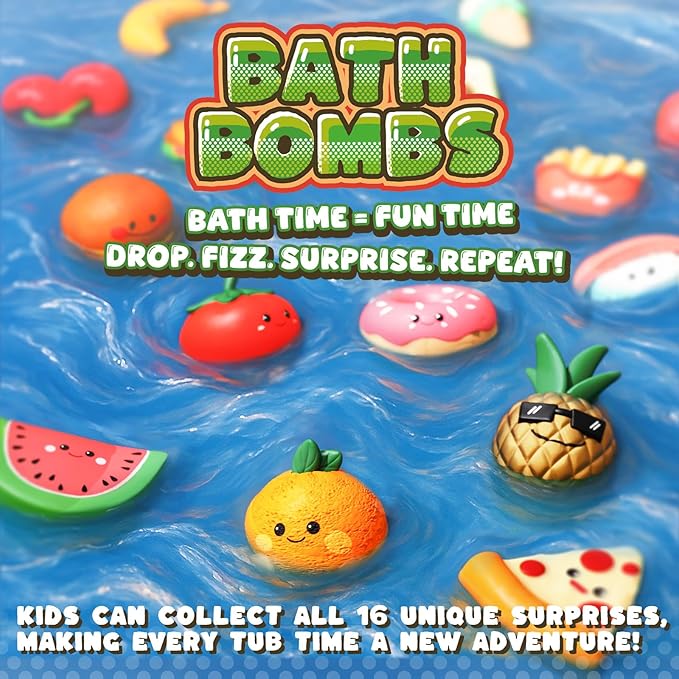 Kids Bath Bombs with Food Toys Inside, 16 Pack Colorful Surprise Bath Fizzies Set, Organic Fizzy Bubble Bath Bombs for Girls & Boys, Ages 3+