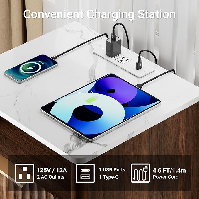 Fluted Nightstand Set of 2 with Charging Station, 18" Modern Night Stand with Faux Marble Top, 2 Drawers End Table with Storage, Bedside Table for Bedroom Living Room,Curved Profile(Walnut)