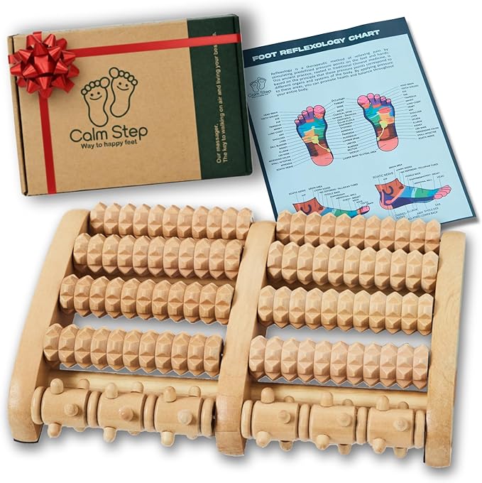 Wooden Foot Roller Massager for Plantar Fasciitis Relief - Arch-Shape Design for Neuropathy & Stress Relief - Durable & Portable Wooden Foot Massager roller - Includes Reflexology Chart