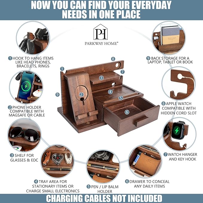 Wood Phone Docking Station with Drawer, Compatible with Apple Watch - Wood Charging Station Organizer Stand, Bedside Nightstand Organizer for Men, Holds Phone, Tablet, Keys, Glasses, EDC