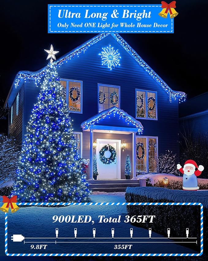 355FT 900 LED Blue and White Christmas Lights, Extra Long Outdoor String Lights Waterproof, Timer & Memory, 8 Modes Dimmable Plug in Fairy Lights for Outside Tree Wedding Patry Holiday Decorations