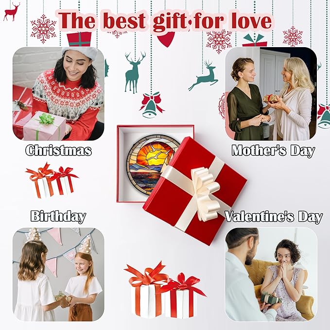 Stained Glass Window Hanging, Sun Ocean Sailboat Seagull Abstract Suncatcher Diamond Glass Panel Sun Catchers Decor for Birthday for Women, Men, Wife, Aunt, and Mom 7.8 in