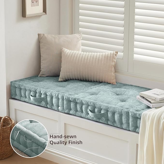 Intelligent Design Large Floor Pillow for Adults Yoga or Meditation Cushion with Handle, Floor Cushion for Board Games, Lustrous Chenille Tufted, Handsewn Scalloped Edge, Azza, 24" x 24" x 5" Aqua