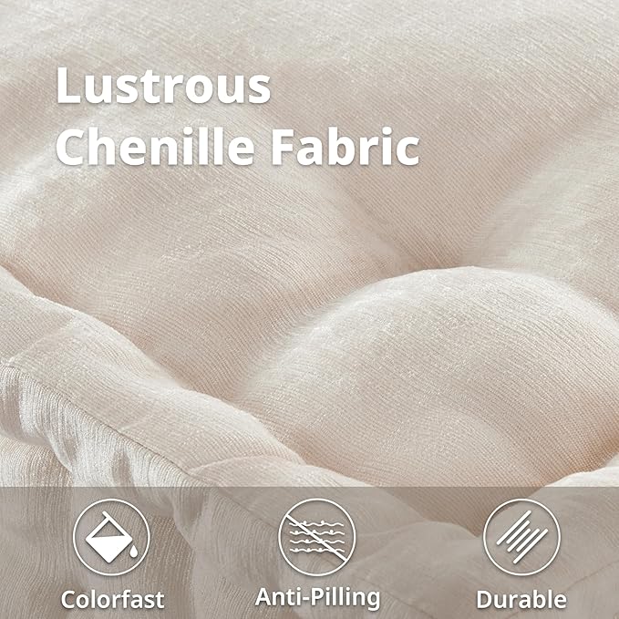 Intelligent Design Large Floor Pillow for Adults Yoga or Meditation Cushion with Handle, Floor Cushion for Board Games, Lustrous Chenille Tufted, Handsewn Scalloped Edge, Azza, 24" x 24" x 5" Ivory