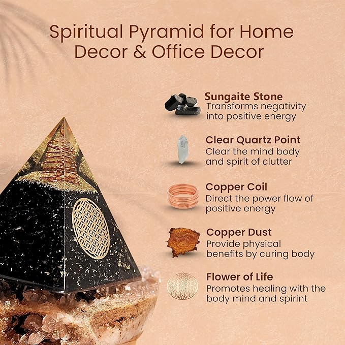 Orgone Shungite pyramid like Black Tourmaline Orgone Pyramid Crystal Energy Decor with Quartz & Copper Sacred Geometry Desk Accent or Gift Handcrafted Spiritual Pyramid