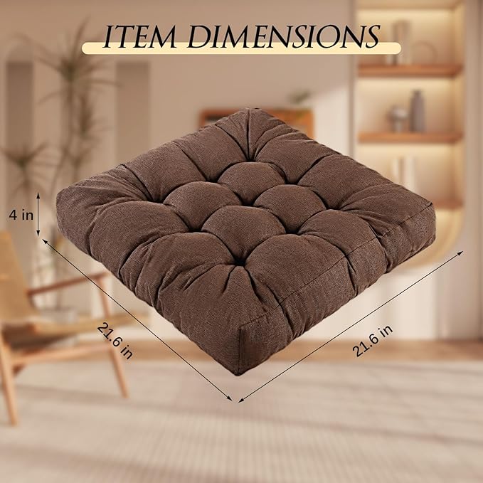 Meditation Floor Cushions Set of 2, Thickened Floor Pillow for Adults, Large Square Pillows Seat Cushion for Tatami Living Room Yoga, Memory Sponge Block Added, 22x22 Inch, Brown