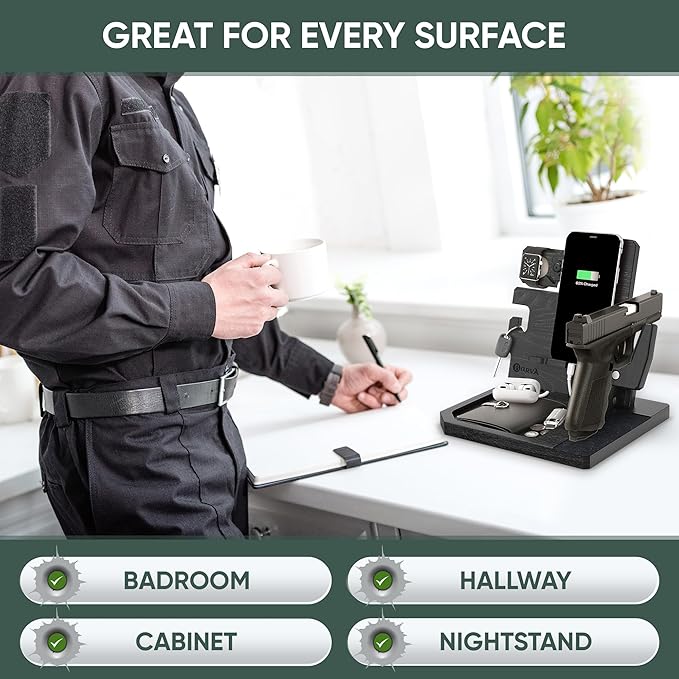 BarvA Phone Docking Station with Patented Adaptive Wood Gun Rack | Night Stand Smart Watch & Phone Stand | Charging Station Desk Organizer | Gun Accessories Storage and Organization