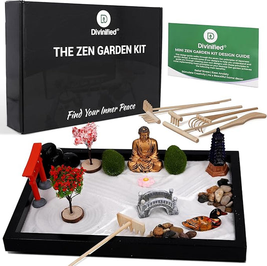 Zen Garden for Desk - Sand Tray Therapy Kit - Therapy Office Decor. 6 Rake Tools, 15 Piece Zen Garden Accessories, Meditation Accessories for Home and Office Relaxation, Gorgoeus Gift