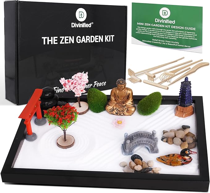 Zen Garden for Desk - Sand Tray Therapy Kit - Therapy Office Decor. 6 Rake Tools, 15 Piece Zen Garden Accessories, Meditation Accessories for Home and Office Relaxation, Gorgoeus Gift