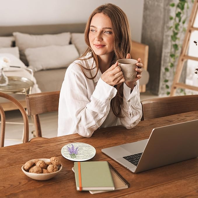 Vintage Lavender Flowers Round 4" Cup Coasters Set of 4, Absorbent Ceramic Stone Coasters with Cork Base, Ideal Home Decor Gifts for Women Men