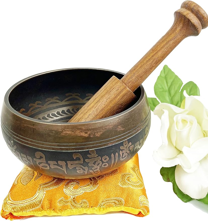 3013 SB 'G' Note Throat Chakra Antique Tibetan Auspicious Symbol Bowl Set ~ Nepal