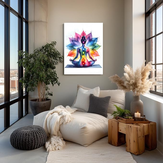 GELDSTEI Framed Zen Wall Art, Chakra Yoga Wall Decor, Colorful Meditation Poster Print, Spiritual Canvas Painting, Vibrant Meditating Woman Aesthetic Picture for Living Room Yoga Studio 16"x24"